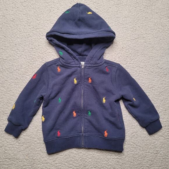 Ralph Lauren Jacket 12M Navy Blue Polo Pony Fleece Full-Zip Hoodie Embroidered - Picture 1 of 5